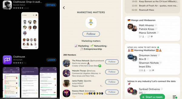 clubhouse app download und beispielbilder der app